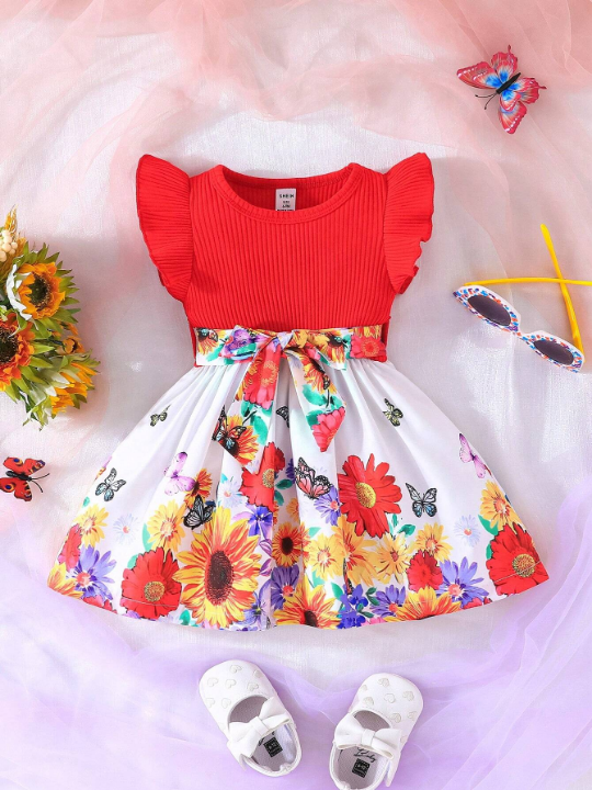 Baby Girl Floral & Butterfly Print Short Sleeve A-Line Dress With Round Neck