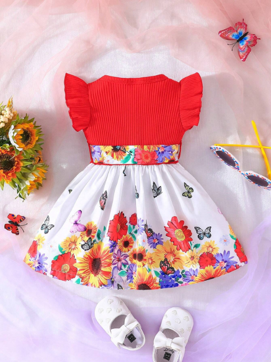 Baby Girl Floral & Butterfly Print Short Sleeve A-Line Dress With Round Neck