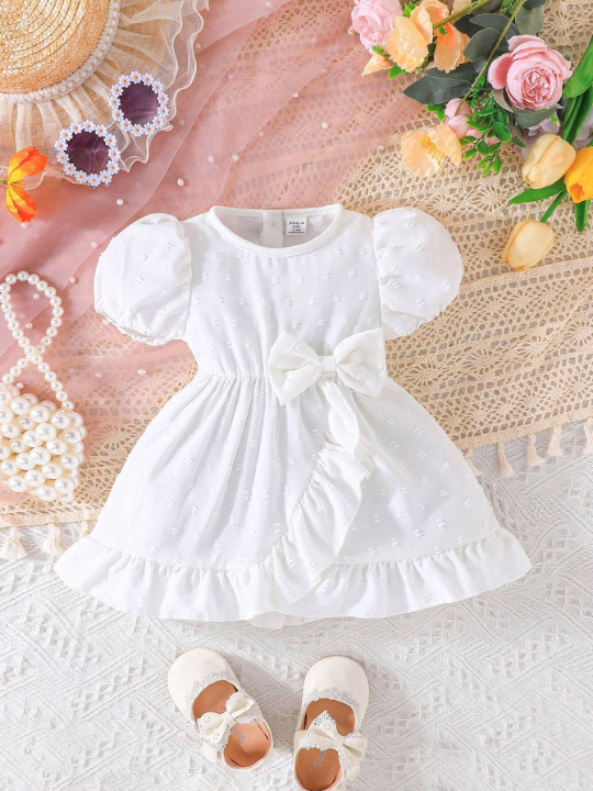 Baby Girl's Elegant Ruffle & Bow Decorated Dress