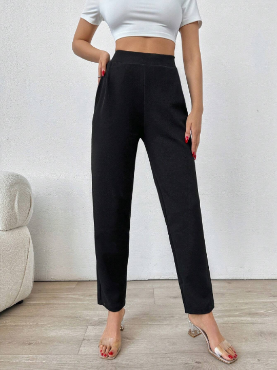 Frenchy Solid High Waist Slant Pocket Pants