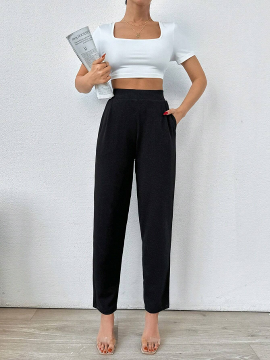 Frenchy Solid High Waist Slant Pocket Pants