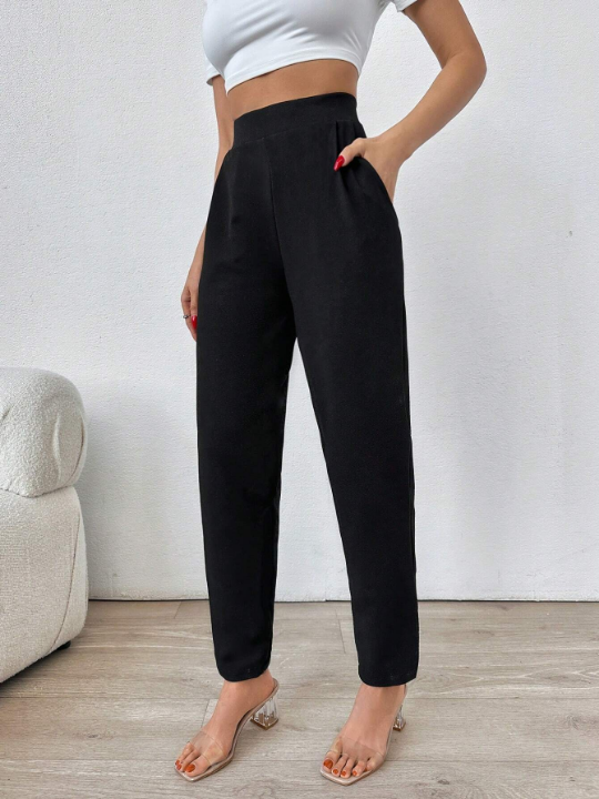 Frenchy Solid High Waist Slant Pocket Pants