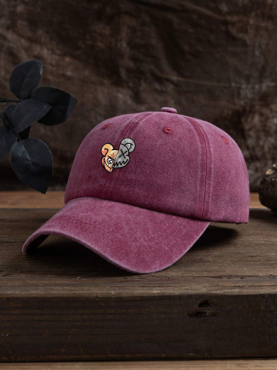 1pc Men's Wine Red Distressed Bear Embroidered Baseball Cap