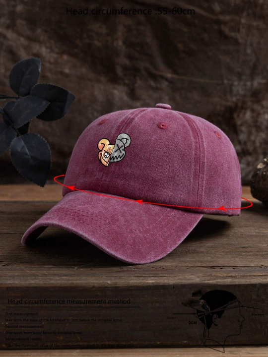 1pc Men's Wine Red Distressed Bear Embroidered Baseball Cap