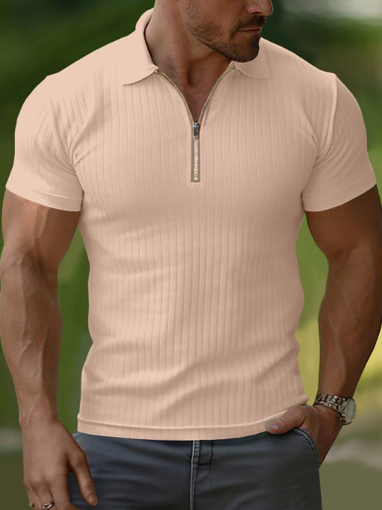 Manfinity Homme Men's Solid Color Ribbed Knit Short Sleeve Polo Shirt