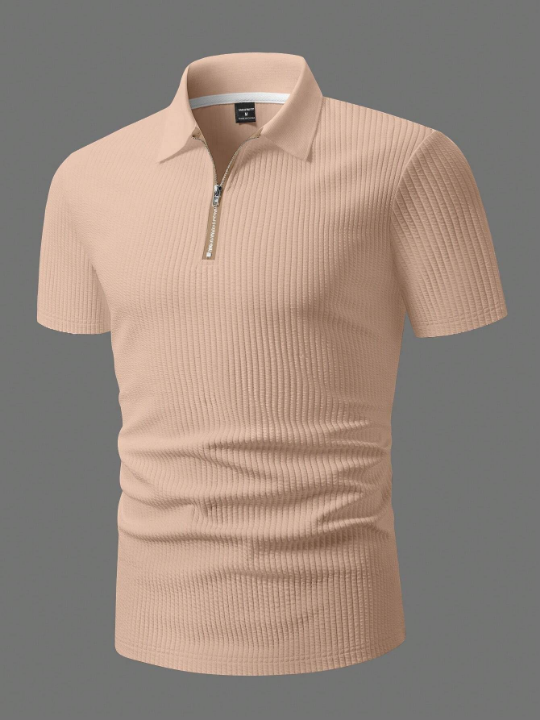 Manfinity Homme Men's Solid Color Ribbed Knit Short Sleeve Polo Shirt