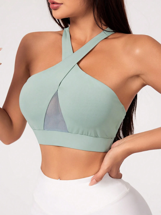 Mesh Patchwork Halter Sports Bra