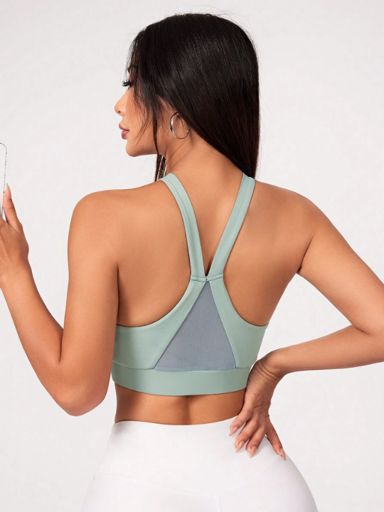 Mesh Patchwork Halter Sports Bra