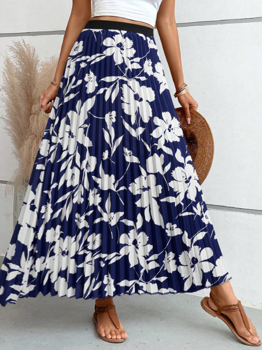 VCAY Flower Print Pleated Skirt With Umbrella Hem