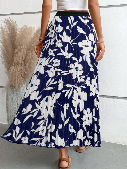 VCAY Flower Print Pleated Skirt With Umbrella Hem