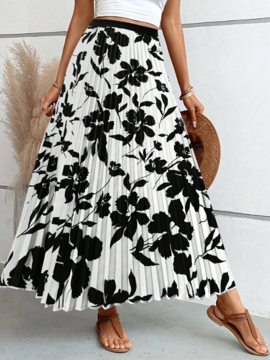 VCAY Flower Printed Pleated Midi Skirt With Umbrella Shape Hemline