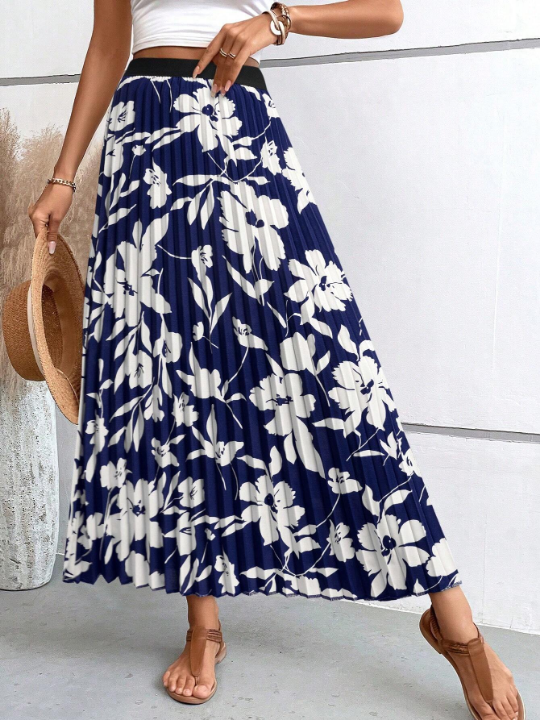 VCAY Flower Print Pleated Skirt With Umbrella Hem