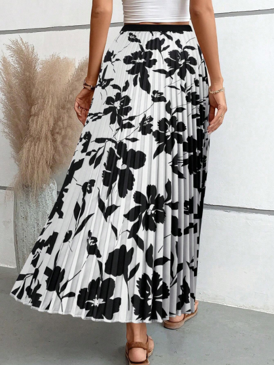 VCAY Flower Printed Pleated Midi Skirt With Umbrella Shape Hemline