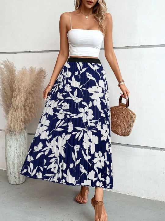 VCAY Flower Print Pleated Skirt With Umbrella Hem