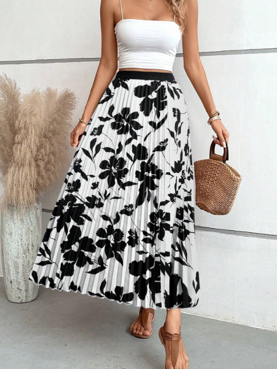 VCAY Flower Printed Pleated Midi Skirt With Umbrella Shape Hemline