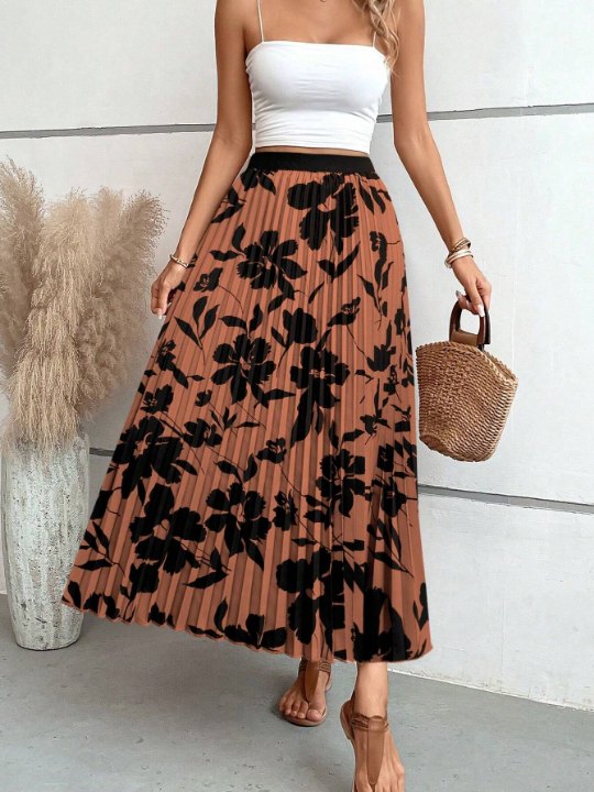 VCAY Floral Print Pleated Skirt