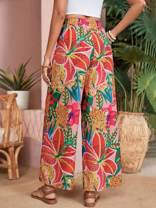 VCAY Women's Tropical Plant Printed Wide Leg Pants