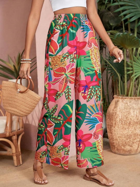 VCAY Women's Tropical Plant Printed Wide Leg Pants