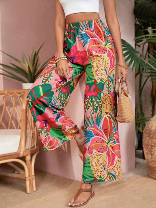 VCAY Women's Tropical Plant Printed Wide Leg Pants