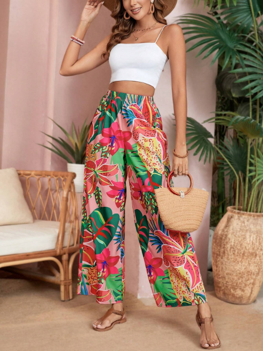 VCAY Women's Tropical Plant Printed Wide Leg Pants