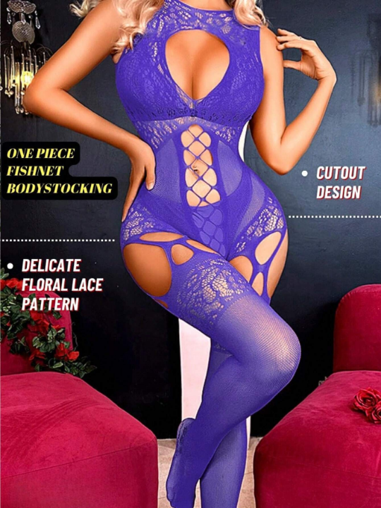 1pc Women's Open Crotch Fishnet Bodystocking With Backless Purple Color Comfortable High Elasticity Tights, Full Body Stockings And Sexy Lingerie With Suspender Design, No Bra Included