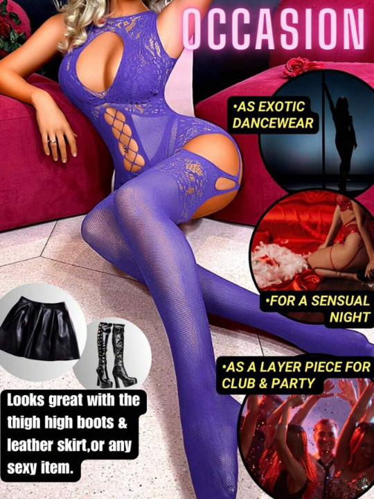 1pc Women's Open Crotch Fishnet Bodystocking With Backless Purple Color Comfortable High Elasticity Tights, Full Body Stockings And Sexy Lingerie With Suspender Design, No Bra Included