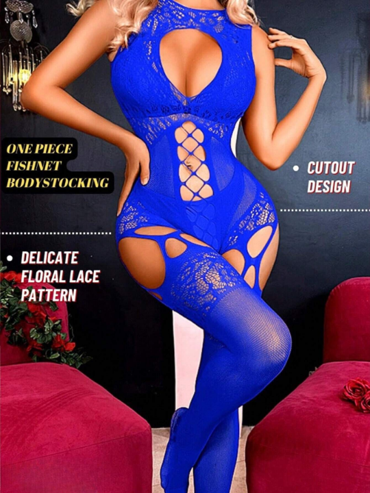 1pc Blue Open Crotch Fishnet Bodystocking With Backless Design And Sexy Suspender Style, Comfortable And High Elasticity