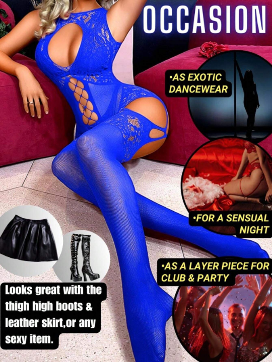 1pc Blue Open Crotch Fishnet Bodystocking With Backless Design And Sexy Suspender Style, Comfortable And High Elasticity