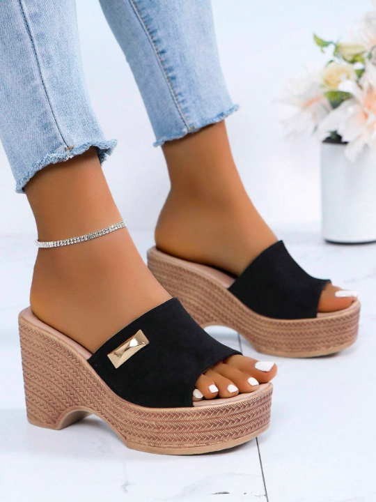 Women's Wedge Heel Thick Sole Sandals, 10cm Height Increase, Summer New Style Fashionable Slip-On Slippers, Black Soft Surface High-Heeled Slippers With Open Toe Water-Resistant Platform Sandals