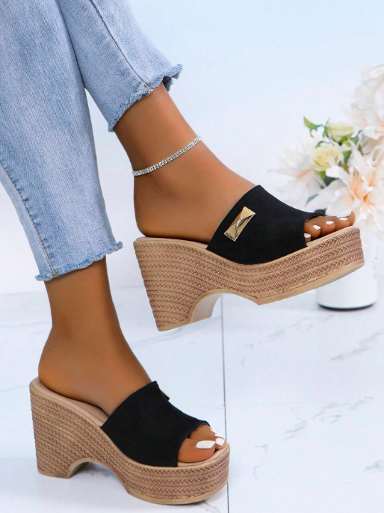 Women's Wedge Heel Thick Sole Sandals, 10cm Height Increase, Summer New Style Fashionable Slip-On Slippers, Black Soft Surface High-Heeled Slippers With Open Toe Water-Resistant Platform Sandals