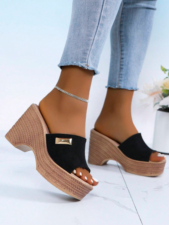 Women's Wedge Heel Thick Sole Sandals, 10cm Height Increase, Summer New Style Fashionable Slip-On Slippers, Black Soft Surface High-Heeled Slippers With Open Toe Water-Resistant Platform Sandals