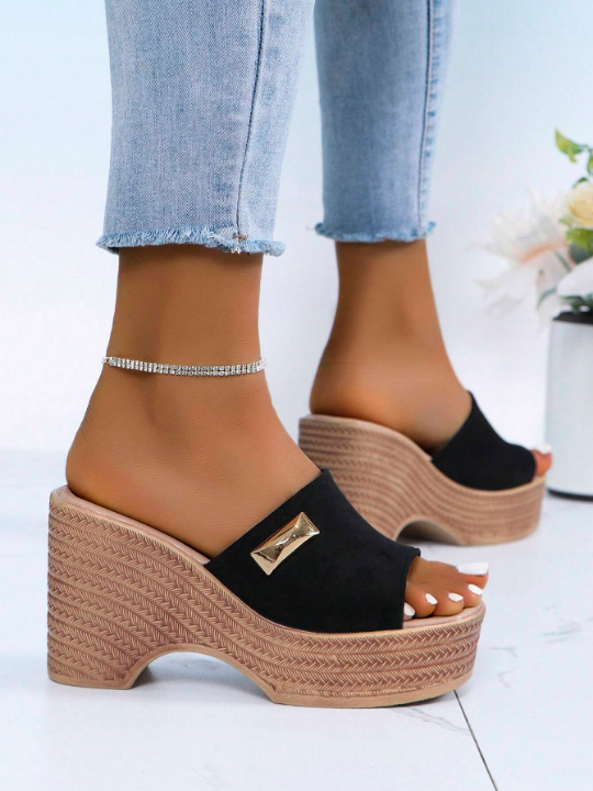 Women's Wedge Heel Thick Sole Sandals, 10cm Height Increase, Summer New Style Fashionable Slip-On Slippers, Black Soft Surface High-Heeled Slippers With Open Toe Water-Resistant Platform Sandals