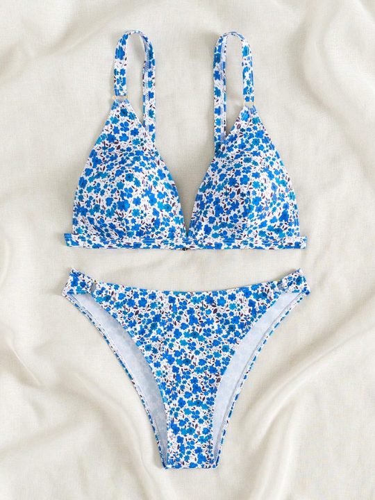 Floral Printed Bikini Set With Separated Top And Bottom