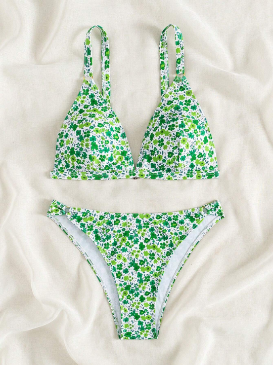 Y2k Small Floral Print Two-Piece Bikini Swimsuit Set