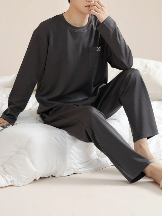 Men's Spring And Autumn 2024 Long Sleeve Top And Pants Breathable And Absorbent Home Wear Set