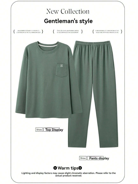 2pcs/Set Men's Leisure Wide Plain Long Sleeve Tops And Pants Homewear With Letter Print