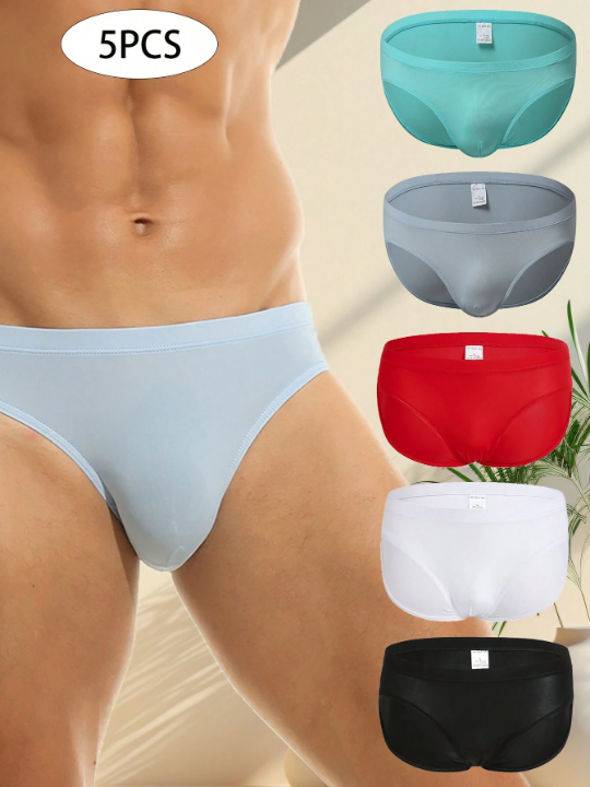 Men's 5pcs Ultra-Thin Nylon Ice Silk Comfortable Solid Color Sexy Transparent Triangle Underwear