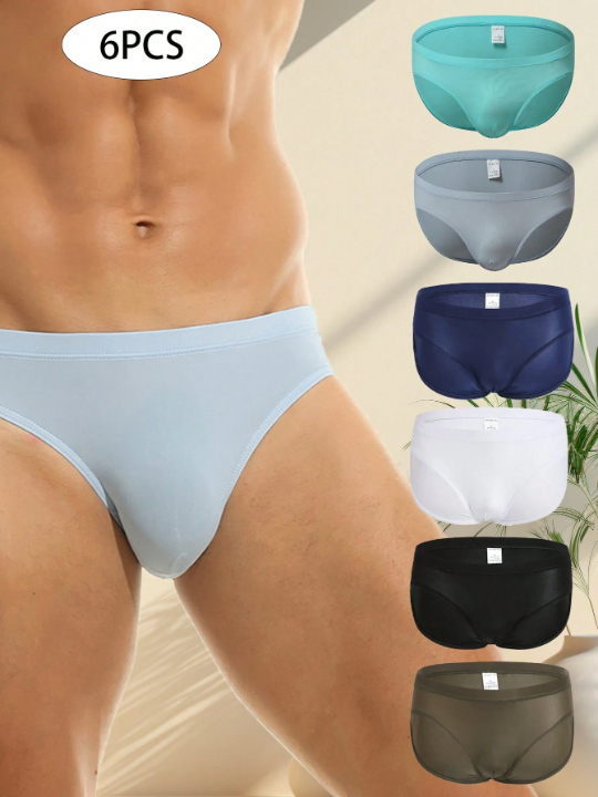 6pcs Men's Ultra-Thin Nylon Ice Silk Comfortable Pure Color Sexy Transparent Triangle Underwear