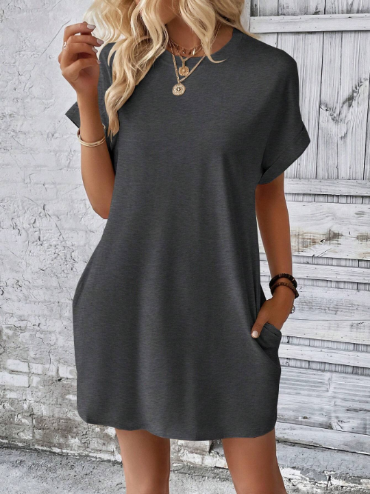 LUNE Solid Color Batwing Sleeve Dress With Diagonal Pockets