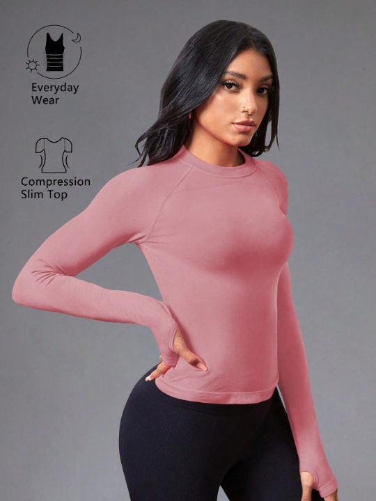 Yoga Basic Women's Seamless Thumbhole Long Sleeve Athletic T-Shirt With Drop Shoulder Design