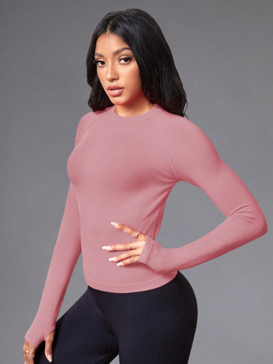 Yoga Basic Women's Seamless Thumbhole Long Sleeve Athletic T-Shirt With Drop Shoulder Design