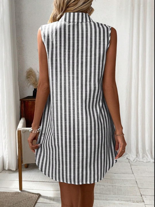 Women's Stripe Button Up Half Placket Sleeveless Midi Dress