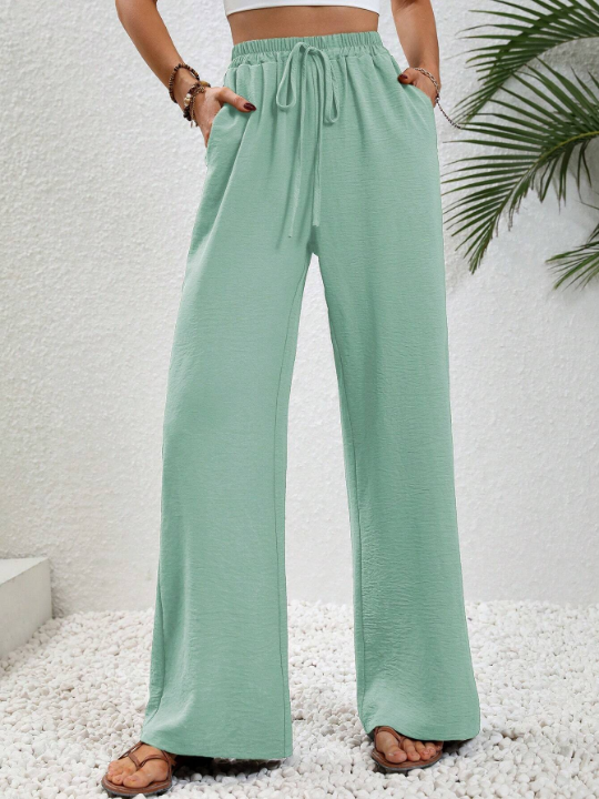 LUNE Solid Color Elastic Waist Belted Straight Pants