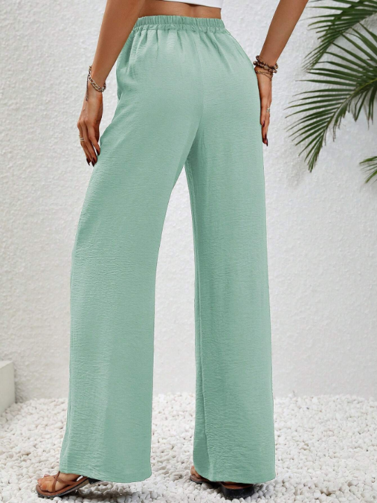 LUNE Solid Color Elastic Waist Belted Straight Pants