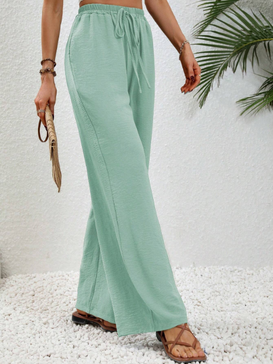 LUNE Solid Color Elastic Waist Belted Straight Pants