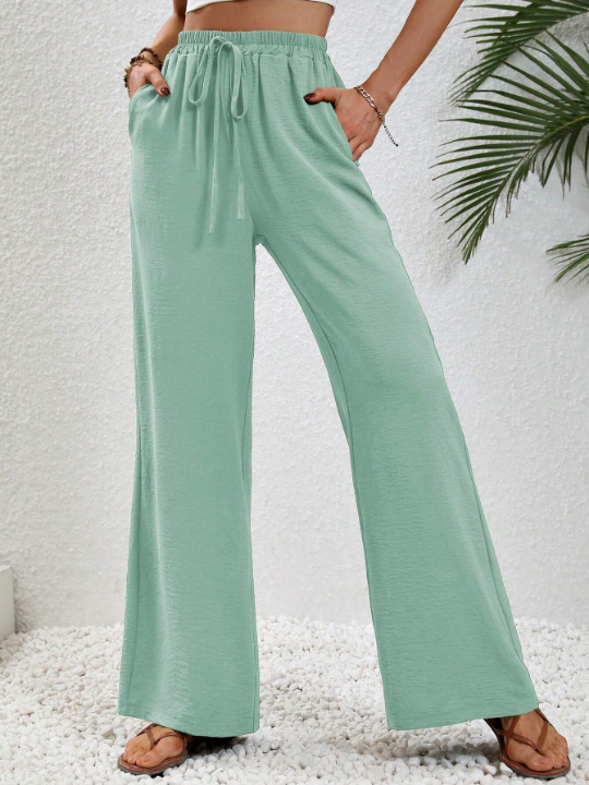 LUNE Solid Color Elastic Waist Belted Straight Pants