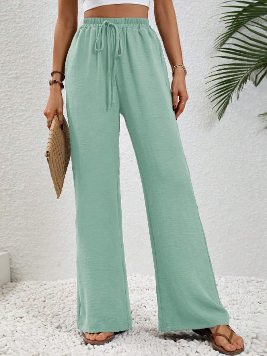LUNE Solid Color Elastic Waist Belted Straight Pants