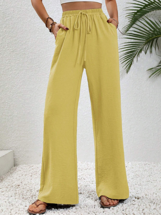 LUNE Solid Color Elastic Waist Wide Leg Pants With Slanted Pockets