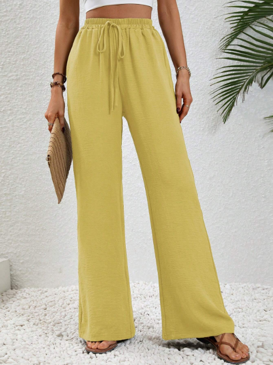 LUNE Solid Color Elastic Waist Wide Leg Pants With Slanted Pockets