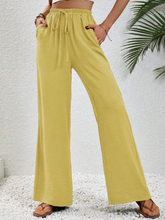 LUNE Solid Color Elastic Waist Wide Leg Pants With Slanted Pockets